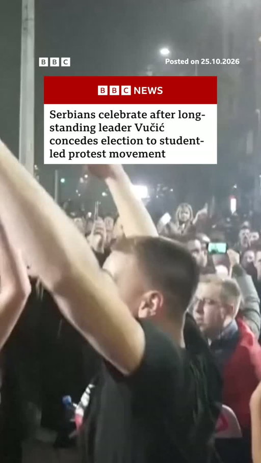 Celebrations have erupted in the streets of Serbia's capital Belgrade, after long-standing leader Aleksandar Vučić admitted defeat to a student-led protest movement in snap parliamentary elections.
 
Vučić had called the snap elections after two years of protests triggered by the 2024 collapse of a train station canopy in the city of Novi Sad, which killed 16 and was seen as emblematic of corruption and negligence in Serbia.
 
Tap the link in @BBCNews's bio to read more about the election. 
 
#Serbia #BBCNews