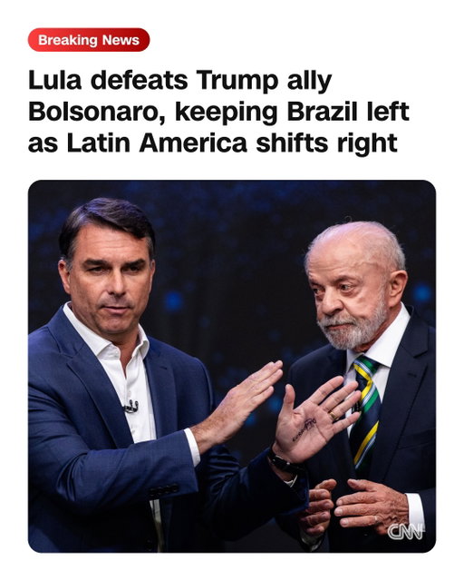 Brazilian President Luiz Inácio Lula da Silva won reelection Sunday, defeating Senator Flávio Bolsonaro, an ally of US President Donald Trump, in a razor-thin runoff election that capped a deeply polarized presidential race.

The historic victory makes the 80-year-old leftist leader the first Brazilian president to be elected to the office four times, after a campaign dominated by concerns over the cost of living, crime and corruption, as well as a broader rightward political shift in Brazil and across Latin America.

It also marks the first time since the return of direct presidential elections in 1989 that a candidate has won the presidency after finishing second in the first round. Lula finished behind Bolsonaro on Oct. 4, in a result that initially gave momentum to the Bolsonaro campaign. Bolsonaro won 47.03% of valid votes, compared with Lula's 45.16% — a difference of roughly 2.2 million votes.

Read more at the link in our bio. 

📸: Maira Erlich/Bloomberg/Getty Images