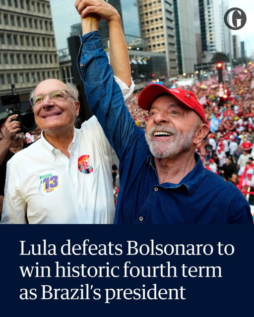 Luiz Inácio Lula da Silva, the Brazilian president, has staged a dramatic election fightback, defeating his far-right opponent, Flávio Bolsonaro, to claim a historic fourth term in power.

With nearly 99% of votes counted the 80-year-old leftist received 51.75% of the vote to his 45-year-old rival’s 48.25%.

Lula narrowly lost the first round of the election to Bolsonaro in early October, casting his political future into doubt and plunging progressive Brazilians into three weeks of despair. Never, since the return of democracy in the 1980s, has the first round runner-up won the second vote.

But Lula did precisely that on Sunday, prompting joyous scenes on the streets of São Paulo, where he had been following the count, and at the hotel where he was watching the count.

Read more at the link in bio.