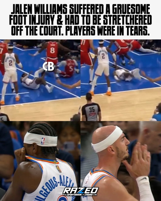WARNING: Jalen Williams suffered a gruesome foot injury, & he has to be stretchered off the court 💔

Oklahoma City Thunder players were in tears reacting to it. 

Get well soon, J-Dub! 🙏