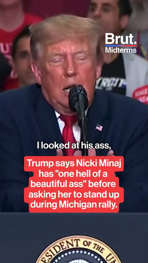 While speaking at a rally for Republican Senate Candidate Mike Rogers in Port Huron, Michigan Sunday, Trump encouraged rapper Nicki Minaj to stand up and show her butt to the crowd after stating that she has "one hell of a beautiful ass." #NickiMinaj #Trump #Michigan #Rally #Midterms