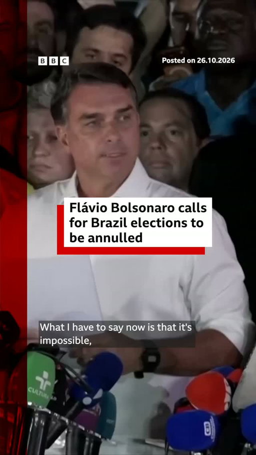 Right-wing senator Flávio Bolsonaro has said the result of Brazil's election on Sunday is "inexplicable" and called for it to be annulled, after his loss to President Lula.

The reason given by Bolsonaro for the annulment is that "the rules of the game were changed". He is referring to is the decision by the Supreme Court to extend voting by two hours.

While it was an unusual decision, it was one which had been formally requested by both Lula and Bolsonaro's campaign teams.
 
Tap the link in @BBCNews's bio to read more about the election. 
 
#Brazil #BBCNews