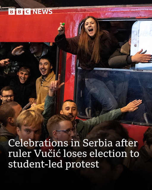 Celebrations erupted in Serbia after long-standing leader Aleksandar Vučić admitted defeat to a student-led protest movement in snap parliamentary elections.
 
Crowds gathered in the capital Belgrade and other cities, with people dancing and chanting “victory”.
 
The student movement was formed less than two years ago triggered by a railway station disaster that killed 16 people and was blamed on corruption and negligence. They had fought the election with candidates from a cross-section of Serbian society.
 
“It is clear we have lost these elections,” right-wing populist leader Vučić said as he conceded.
 
With 96% of polling stations counted, Serbia’s election commission said the students had won 2.24 million votes and the former ruling party 1.67 million.
 
Tap the link in @BBCNews’s bio for more on the story.
 
(📷 Reuters, Epa)
 
#Serbia #BBCNews