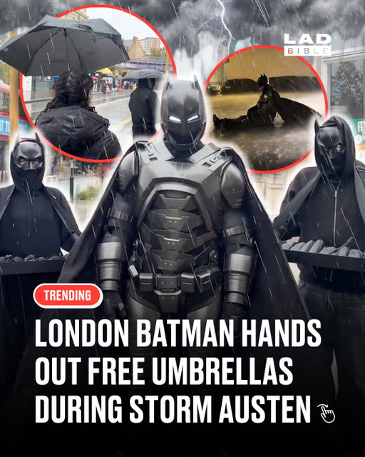 Not all heroes wear capes... although this one does 🦇❤️⁠
⁠
A man dressed as Batman has been spreading a bit of kindness in London by handing out free umbrellas to members of the public caught in the rain during Storm Austen.⁠
⁠
Rather than fighting crime in Gotham City, this Batman has been helping people stay dry as the UK battles a weekend of wet and windy weather.⁠
⁠
With the storm bringing heavy rain, strong winds and disruption to parts of the country, it's a wholesome reminder that sometimes being a superhero is as simple as helping a stranger.⁠
⁠
Gotham could learn a thing or two from London 🙌⁠
⁠
📸: @officiallondonsbatman⁠
⁠
#Batman #LondonBatman #LADbible
