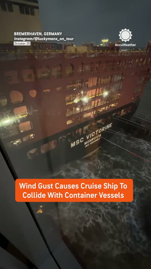 A powerful wind gust sent a cruise ship drifting into two container vessels in Bremerhaven, Germany, on Sunday as Storm Boelo moved through the region. No injuries were reported, but officials said one of the container ships sustained "considerable damage" in the collision.