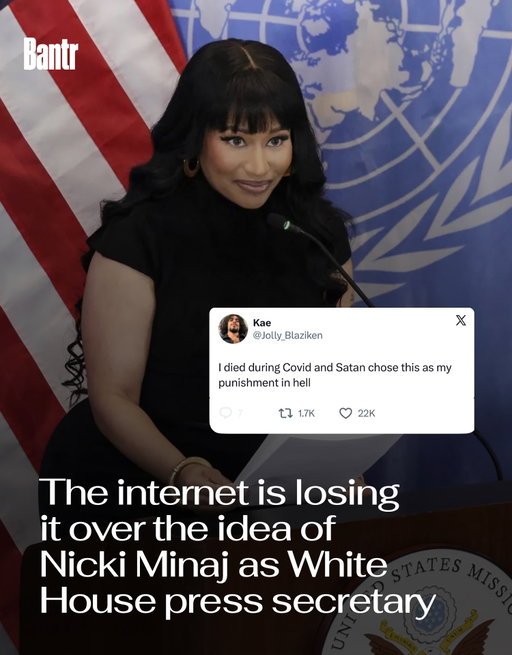 Can you imagine 💀

After the rapper joined President Donald Trump aboard Air Force One on Sunday, White House Communications Director Steven Cheung shared a video of their conversation and suggested that Minaj (jokingly, we should add) could become the administration’s next press secretary.

Minaj reposted the video, while the official White House account responded with an eyes emoji. Harmless fun? Sure, if it didn’t seem like this could become a reality.

Minaj also joined Trump at a Michigan rally over the weekend, where he pointed out her ‘beautiful ass’.

Yes, really.

Media via Shutterstock/Twitter

#thebantr #nickiminaj #trump #viral