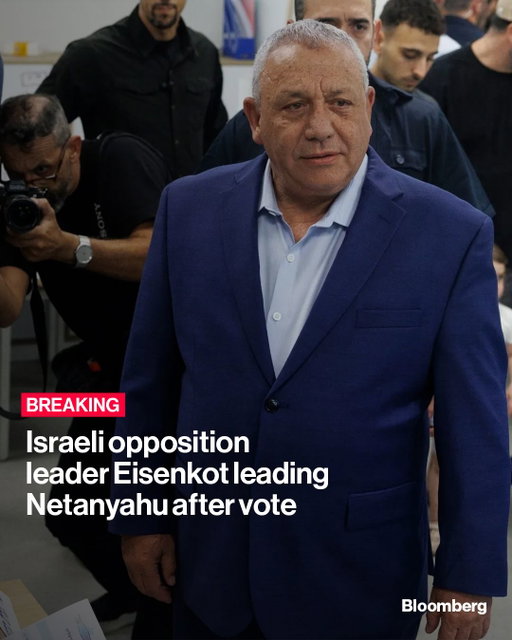 Israeli opposition leader Gadi Eisenkot's bloc took the lead over Prime Minister Benjamin Netanyahu in the country’s first election since the October 2023 attacks, according to most exit polls. Tap the link in our bio to read more.

📷: Kobi Wolf/Bloomberg