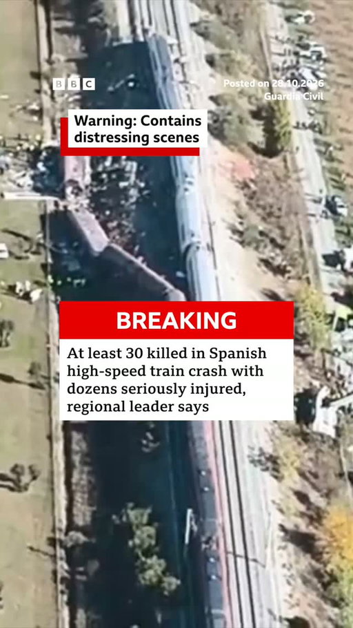 At least 30 people have been killed in Spanish high speed train crash with dozens seriously injured, regional leader says.
 
Rail operator Adif says the incident occurred between a Renfe train and another of the Iryo company, which covers the Madrid to Seville route.
 
Spain's Prime Minister Pedro Sánchez says he is "shocked by the serious train accident" and is in constant contact with the transport minister. 
 
Tap the link in @BBCNews's bio to follow this developing story live. 
 
#Train #Spain #BBCNews