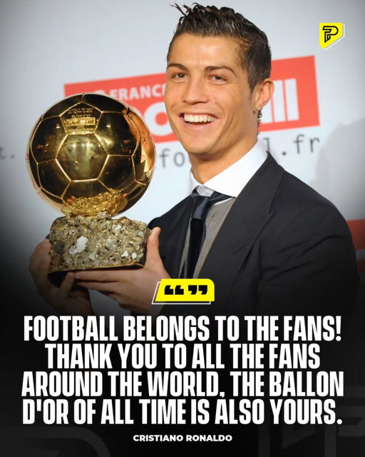 Cristiano Ronaldo has dedicated his latest Ballon d'Or recognition to football fans around the world, thanking them for their support throughout his legendary career.

“Football belongs to the fans!” Ronaldo wrote, adding that the “Ballon d'Or of All Time” belongs to them too.

The Portuguese superstar, who has won five official Ballon d'Or trophies, used the moment to celebrate the people who have supported him over the years.

#viral #pubity