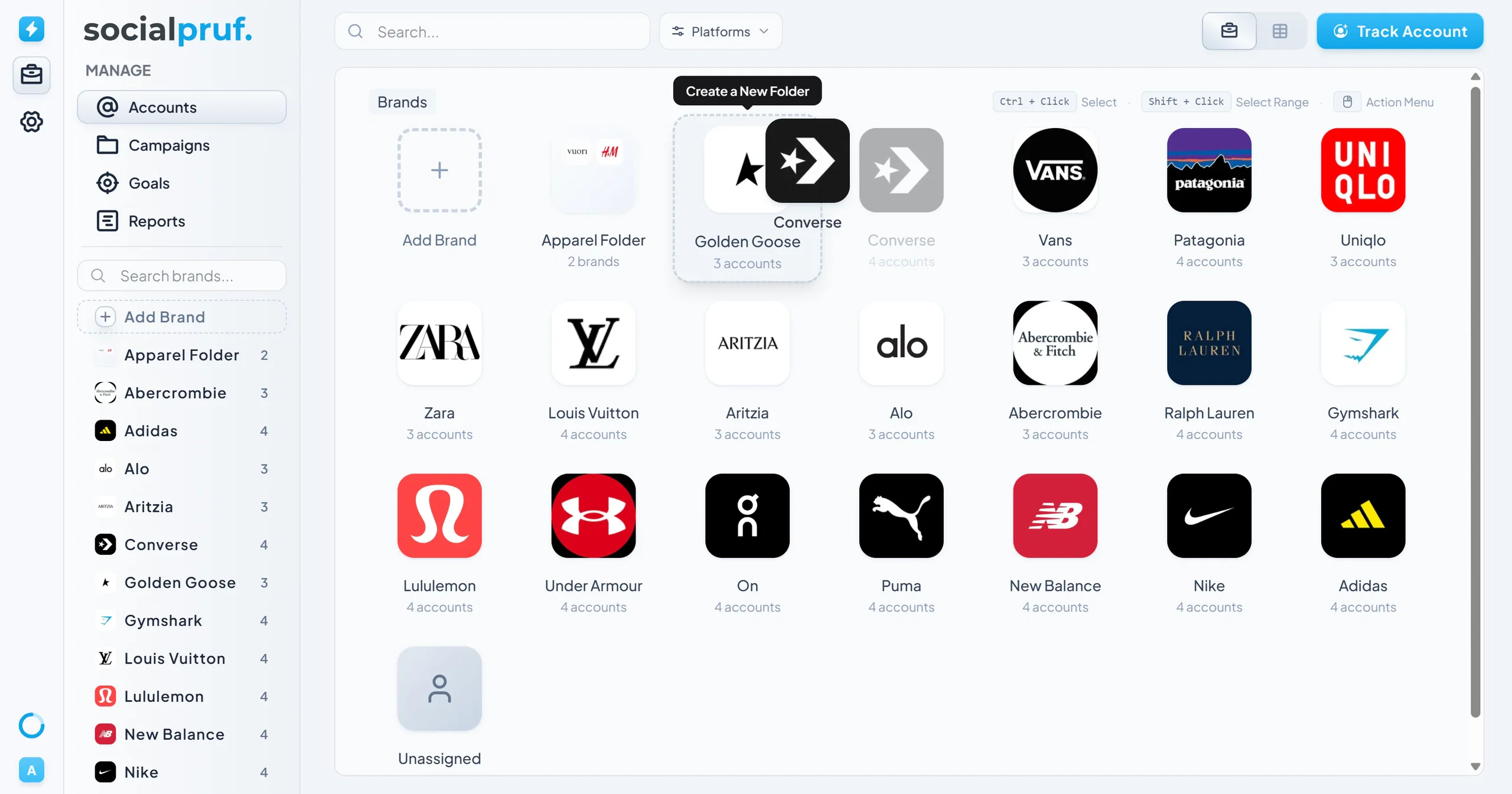 Organizing accounts into brands and folders