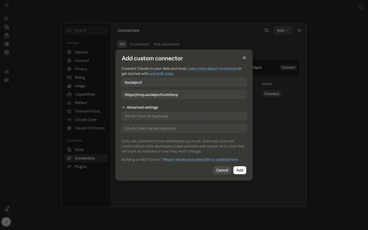 The Claude add-custom-connector modal filled in with the Socialpruf MCP server URL