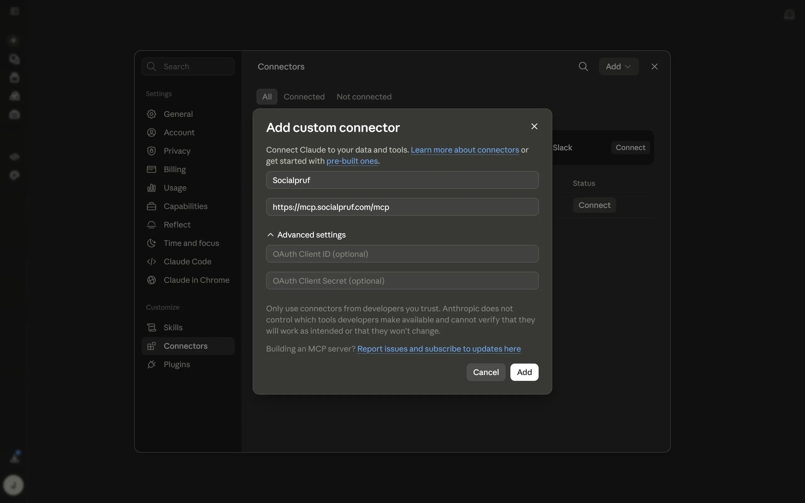 The Claude add-custom-connector modal filled in with the Socialpruf MCP server URL
