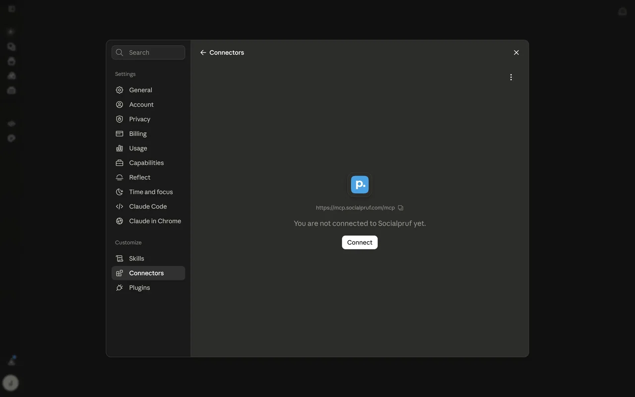 The Socialpruf connector listed in Claude with its Connect button