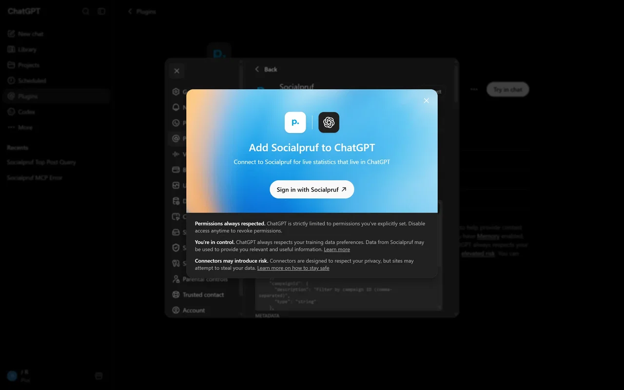 The Socialpruf tool in ChatGPT showing its sign-in button