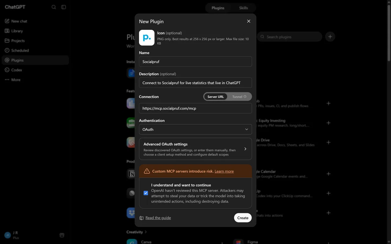 The ChatGPT create-tool modal filled in with the Socialpruf MCP server URL