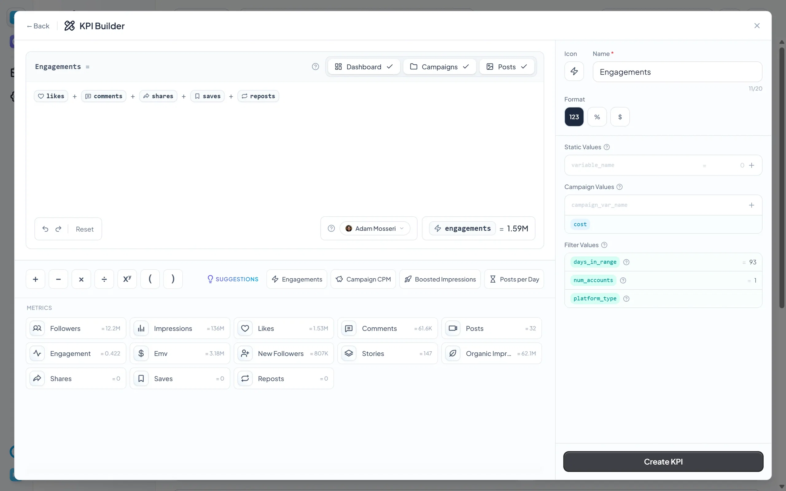 The KPI Builder in Socialpruf, building an Engagements KPI