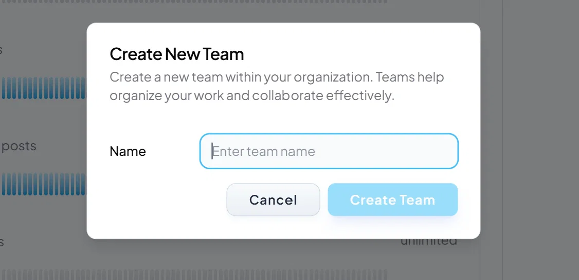 Creating a new team on the Settings page