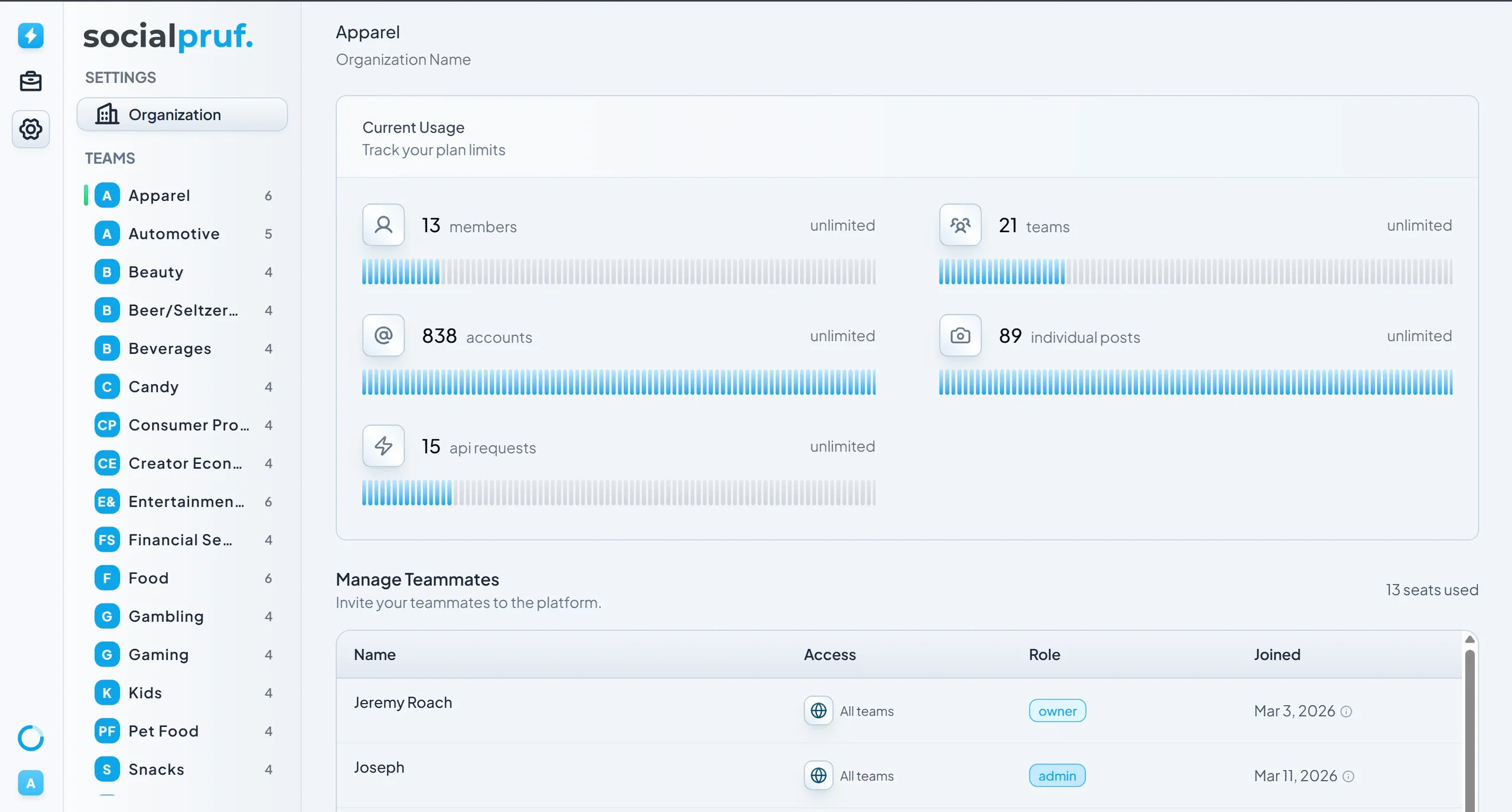 The Socialpruf Settings page
