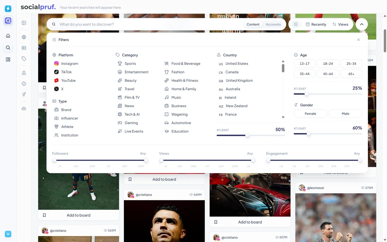 The Discover filter panel, with platform, type, category, country, age and gender options above follower, view and engagement sliders