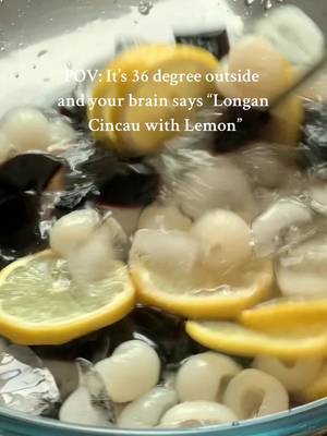 Longan cincau with lemon 🍋 summer refreshing drinks ! Forgot to add sparkling water 💦😢 missing out the sparks  Still tastes pretty refreshing , you guys should defer give this a try!  Here’s the recipe: - 1 can of Longan  - 1 pack of cincau (unsweetened) - 1 lemon (slice it up, squeeze some lemon juice too) - 1 cup of ice  - a little bit of water to cover the sweetness from the Longan juice 🫣 And bam 💥 let me know what you think once you made it (if you have any suggestions for adds on please do !)