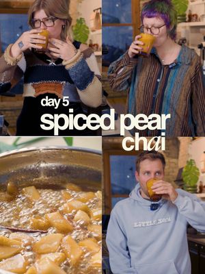 Day 5 of trying new drinks for the fall menu: spiced pear chai Spiced Pear Syrup Recipe:  1 ripe pear cored and chopped 1/2 cup brown sugar 1 cup pear juice 2 cinnamon sticks 1 inch piece of ginger We don’t have and oven at the shop, but we still wanted to caramelize the pear a bit, os what we did was we added the pear to a pan over medium high heat and let it caramelize with the brown sugar for several minutes. We then added our pear juice and deglazed any brown sugar stuck to the pan. Then we added our cinnamon sticks and ginger. We then let the pear juice reduce by about half until it was thick and almost caramel-like. 