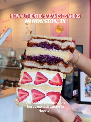 NEW AUTHENTIC JAPANESE SANDOS IN HOUSTON HEIGHTS 🥪💮 We may have found the best sandos in Houston, and they're hidden inside a poke shop! Let’s Poke is already loved for their loaded poke bowls with fresh fish and house-made sauces, but now they’ve stepped into the sando game with Sando Satori! There are a couple options to choose from: egg, a variety of fruit sandos, ebi (shrimp) katsu, and more, but all are complete with genuine Japanese milk bread. 🍞 We fell in love with their chicken katsu sandos, which were next-level crispy and juicy— you can't leave without trying one! 💣 The strawberry sando was also a dream, with juicy strawberries and a not-too-sweet cream!  To top it off, they've also added matcha lattes and Vietnamese coffee to the mix, the perfect drink to pair! 🍵 They are celebrating the launch of their new menu items THIS weekend, and the first 50 customers will get cute, reusable cup holders! They'll be open from 11:00AM to 8:30PM 🎉 #sandos #houstonfood #htx #houstontexas #houstonrestaurants 