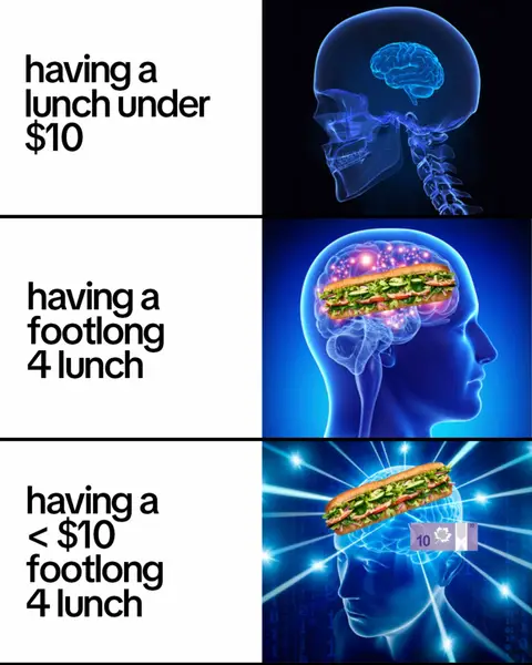 5 different footlongs are now only 10 bucks? that's lunch for the week✅  *Redeemable at participating Canadian restaurants. Check your app for pricing and participation. 5 subs under $10 each include: Veggie Delite®, Cold Cut Combo, Ham, Tuna, and Turkey BYO subs. Extras, taxes, and delivery addt’l. Cannot combine with other offers. Expires 9/1/2025.