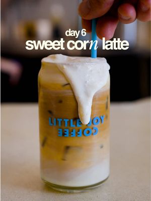 Day 6 of trying new drinks for the fall menu: Sweet Corn Latte Sweet Corn Syrup Recipe: 1 1/2 cup canned sweet corn 3/4 cup turbinado sugar 1/2 cup corn water Bring corn, sugar, and water to a simmer. Five minutes is more than enough. We’re just dissolving the sugar here and mingling flavors. Remove from heat and transfer to a blender. Blend until smooth. Strain and store in fridge up to a week Sweet corn cream top recipe: In a tall glass add 20g corn puree, 80g heavy cream, 20g skim milk. Mix with an electric frother until you have soft peaks. Ps: it helps to tilt your container and position the frother in such a way that you form a whirlpool.  Drink build: combine 40g sweet corn puree with 200g milk. Stir well. Add ice. Top with a double shot of espresso. Finish with a layer of sweet corn creamtop and garnish with bits of torched corn.