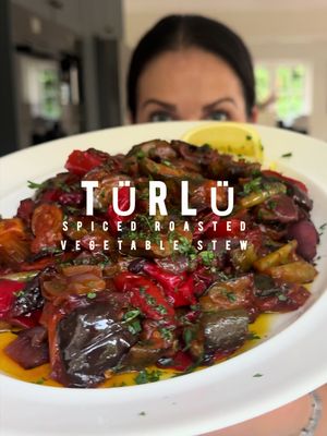 Türlü: Spiced Roasted Vegetable Stew “Türlü” translates as 'all kinds of', or 'all sorts' and it refers to the assortment of vegetables that are thrown together in this dish. The vegetables are roasted, like an oven-baked spiced ratatouille, with a colourful combination of herbs and sweet, warm spices - as a Turkish-Cypriot, cloves, cinnamon and coriander are essential in my recipe. It’s one of those dishes that can be eaten hot, warm or cold and simply delicious when served with bread or rice and some thick set natural yogurt or cacık, or stirred through pasta with lashings of grated hellim (of course!). Full recipe in Meliz’s Kitchen and on The Happy Foodie website.  Serves 6-8 1 large aubergine 2 courgettes 1 tsp fine sea salt 2 large onions 2 large sweet red peppers (kapya biber) or romano peppers (200 g/7 oz) 4 large charleston or 2 green bell peppers (150 g/5½ oz) 4 large, ripe plum tomatoes (500 g/1 lb 2 oz) 4 large garlic cloves, peeled and bashed 50 ml (2 fl oz) olive oi /4 tsp ground clove: ½ tsp ground coriander ½ tsp paprika 1 tsp dried oregano ¾ tsp sea salt flakes ¾ tsp cracked black pepper 1 vegetable stock cube 2 tbsp tomato purée 1 tbsp Turkish sweet red pepper (tatlı biber salçasi) 600 ml (20 fl oz) boiling water 1 tbsp fresh lemon juice 1 tosp plain flour ½ cinnamon stick 1 large bay leaf 1-2 tbsp extra virgin olive oil #türlü #turkishfood #EasyRecipe #onepot #fyp   