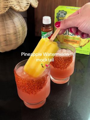 Elevate your hosting game with this irresistible pineapple watermelon mocktail!🍍🍉Refreshing, vibrant, and guaranteed to impress your guests. @TajinUSA Official Account    See recipe below (for one mocktail): Rim your glass with agave and Tajin. Add lots of ice to your cup, then add 4 oz pineapple juice, 2 oz watermelon juice, and 1/2 oz lime juice. Top your drink with a sparkling water of your choice. Finally, garnish with an Outshine pineapple fruit bar and enjoy!💚