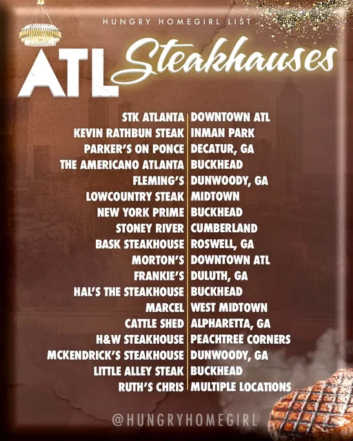 My recent girls’ night inspired me to put this gem together for y’all! What’s your go-to steak and preferred temperature? Arnettes Shop Shop has been my favorite for a minute, but Hal’s is definitely in the running. Did I miss one of your favorites? Drop it in the comments so I can add it to the list! . . . #atlanta #steakhouse #bestinatlanta #buckhead #luxurylife 