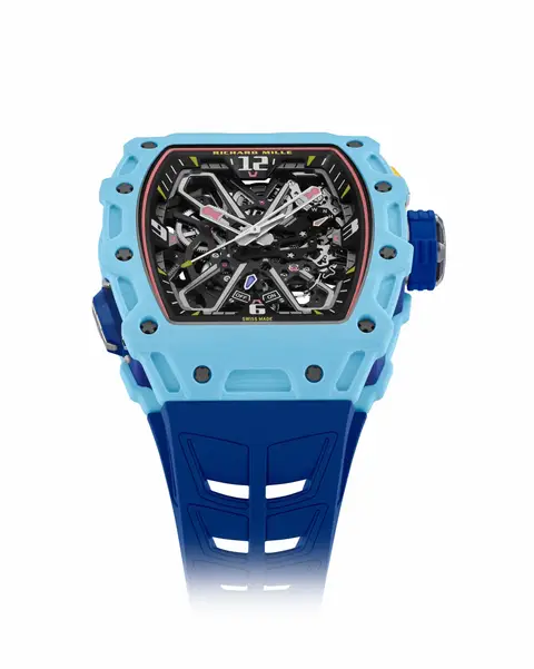 The RM 35-03 Rafael Nadal  in pastel blue Quartz TPT® is home to an innovative, patented feature that redefines the automatic sports watch. Known as the “butterfly rotor,” this mechanism gives the wearer control over the winding process through two distinct modes: a standard setting for everyday use, and a sport mode that disengages the rotor to prevent overwinding during intense physical activity. Playful in spirit yet technically sophisticated, this system offers the perfect balance — protecting the movement during vigorous effort while maintaining the everyday convenience of an automatic timepiece.