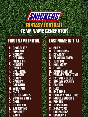 SNICKERS Fantasy Football Name Generator: For when your best idea was “Team Name”.
