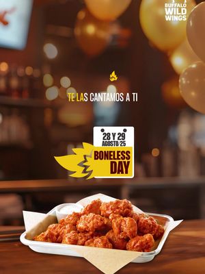 🔥🍗¡Ya casi es día del Bomless! y te lo cantamos para que estés enterado: 🎤🎶  En la compra de una orden de boneless small o medium, obtén tu segunda orden del mismo tamaño gratis. Válido en toda la República Mexicana. Aplica para restaurante y Take-Out únicamente el día 28 y 29 de agosto del 2025 todo el día o hasta agotar existencias.  No aplica con otras promociones ni descuentos. Aplican Restricciones. 📲 Encuentra tu sucursal más cercana por tu ciudad: www.buffalowildwings.com.mx/ubicaciones