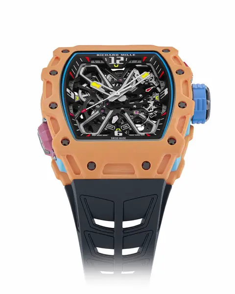 Drawing inspiration from the tourbillon watches sported by Rafa Nadal during tennis matches, The RM 35-03 Rafael Nadal in salmon Quartz TPT® continues the series of highly performant watches with a unique groundbreaking feature: the patented butterfly rotor.