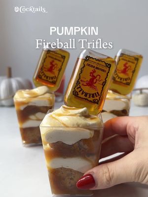 Layers of fall magic in a cup 🍂✨ Pumpkin + Fireball = the ultimate cozy dessert. Pumpkin Cake: -1 box white cake mix -4 eggs -1/2 cup oil -1 (15 oz.) can pumpkin puree -1/4 cup sugar -1/4 cup water -1 tsp. each cinnamon & pumpkin pie spice Whipped Cream: -6 oz. cream cheese, softened -3/4 cup powdered sugar -1.5 cups heavy cream -1/8 cup Fireball -1 tsp. cinnamon -caramel sauce -Fireball shooters #pumpkinfireballtrifles #pumpkin #fireball #trifles #falldesserts 