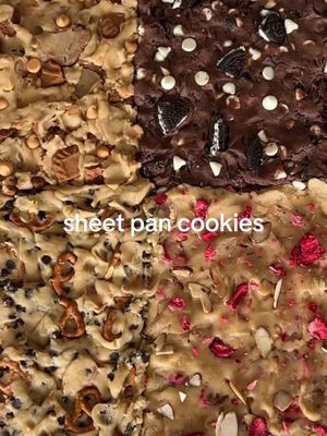 SHEET PAN COOKIES. One pan, four delicious cookie flavors. Save this idea for the next time you need to bring a dessert.  Take your favorite cookie dough, divide it into 4 bowls and add mix-ins. Here are the combos we are loving right now: - Pretzels and chocolate chips - Biscoff cookies and butterscotch chips - Oreos, cocoa powder and white chocolate chips - Freeze-dried strawberries, lemon zest and almonds This set of 3 sheet pans from @nordicwareusa is a great add to your wedding registry. Use them to whip up sweet treats and savory sheet pan dinners every week. Plus, it’s under $50, so it makes a great wedding shower gift too. Thanks for the recipe inspo @krolls_korner!   #Baking #SheetPanCookies #WeddingRegistry