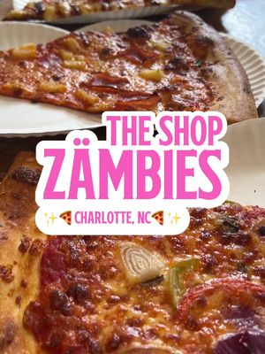 THE SHOP ZÄMBIES – Located in NoDa, keep this laidback pizza shop on the forefront of your mind whenever you need a quick bite to eat or have the late night munchies. Serving up delicious 28-inch NY Style pizzas in a variety of flavors, there’s something for everyone. You can even wash ‘em down with a sodie, beer, or coolers from Five Flowers.  📍3204 North Davidson St, Charlotte, NC ⏰Open Late until 12am on Sundays – Wednesdays, Open Until 1am on Thursdays, and 3am on Fridays & Saturdays 🚊Accessible via Lynx Light Rail – 36th St. Station 📝Online Ordering and Delivery Available   💕✨THE ZAMBIES SCOOP:   💕🍕Sleeping Beauty- parmesan cherry pepper sauce base with cheese, red peppers/onions and a balsamic glaze drizzle 💕🍕Hawhat’s Up – a Hawaiian style pizza with cheese, pineapple and ham 💕🍕The Pioneer – cheese pizza 💕🍕Vegan – vegan cheese and veggies  💕▪️Zambombs Dessert Knots – balled dough slathered in a maple cinnamon sugar bath, coupled with a tasty drenching of vanilla icing 💕▪️Five Flowers: Rose Lemonade ($8.25) – sparkling non-alcoholic beverage perfectly balanced with floral rose and zesty lemon   💕💰MONEY TALKS:   💰Price Range Per Slice: $6.75 - $7.75 💰Price Range for Whole Pies: $45 - $55 💰Price Range for Zambombs (Garlic and Dessert Knots): $7.50 - $8.50   💕💰This visit was hosted by the restaurant as I received an invitation to try out their pizzas.    #zambies #theshopzambies #cltpizzajoint #CharlotteNC #NoDa