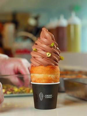 The taste of VIRAL Dubai Chocolate, wrapped in a pastry cone. ✨ Have you tried it yet? Let us know your thoughts below!! 🖤
