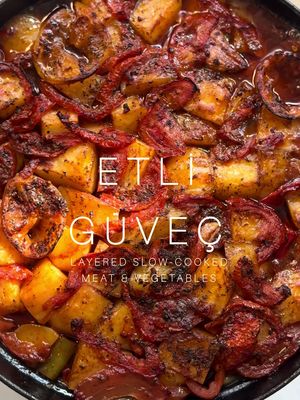 ETLİ GÜVEÇ (LAYERED ONE-POT SLOW-COOKED BEEF & VEGETABLES): Ok, what are you having for dinner tonight, because you know as soon as my big casserole dish comes out, there’s some serious one pot delicious goodness coming your way. Think of this as the lazier, easier (if that’s even possible) sister version of Yanyana Tavası.  The concept of Tava is very similar to Güveç, the only difference being that the latter is layered into a deep clay pot, weighted down, with the meat at the bottom, rather than spread out into a large round metal baking tray. It’s the perfect dish for long, lazy weekends due to the slow-cooking methods, but it makes a good, hearty midweek meal too. Recipe is on my blog (link in bio - it’s quite an old one, so search for “ETLI GÜVEÇ (LAYERED ONE-POT SLOW-COOKED BEEF & VEGETABLES)) and also in my first book, Meliz’s Kitchen. For this recipe I use braising beef, but you could also use the more traditional lamb, or chicken. Please make it.  Serves 4-6 2 tbsp tomato purée 2 tbsp Turkish sweet red pepper paste (tatlı biber salçası) + 100ml boiling water  400ml chicken / beef stock  4 tbsp extra virgin olive oil 800 g (1 lb 9 oz) beef braising steak, diced 2 large red onions (300 g/10½ oz), thinly sliced 8 garlic cloves, peeled and bashed 2 bay leaves 1 1/2 tsp sea salt flakes ¾ tsp coarse black pepper 2 kapya biber / tomato / small red bell peppers 2 large long green mild (carliston) pepper / 2 small green bell peppers, cored, deseeded and cut into 2-3cm pieces  750 g (1 lb 10 oz) Cyprus or Maris Piper potatoes, peeled, cut into 3cm chunks  3 slices of fresh lemon ½ tsp dried mint 1 tsp dried oregano 4 tomatoes, halved and sliced #güveç #onepot #fyp #weekend #cooking  