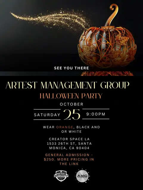 Artest Management Group is hosting our annual Halloween celebration at Creator Space LA. Date: Saturday, October 25, 2025 Time: 9:00 PM – 2:00 AM Location: 1533 26th St, Santa Monica, CA 90404 Theme: Wear Orange, Black, or White General Admission: $250 Reserve your spot: https://www.eventbrite.com/e/amg-halloween-party-tickets-1597055809919 #AMGHalloween #ArtestManagementGroup #AMGEvents #Halloween2025