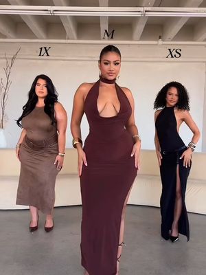 These Looks Dazzle In Every Size 🤩 Tell Us Your Favorite in The Comments  🔎 Elika Cowl Backless Maxi Dress ⁠ 🔎 Call Me Never Maxi Dress⁠ 🔎 Georgina Faux Suede Maxi Dress ⁠ #fashionnova #tiktokfashion #styling