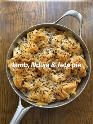 first pie of the season and she’s a total baddie - spiced lamb, Nduja and feta filo pie with a hot honey glaze. Declaring autumn officially here with this one. Full recipe on my IG 🥧