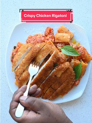 Crispy golden chicken meets a rich tomato-basil rigatoni. Sweet cherry tomatoes, fresh mozzarella, and fragrant basil all come together for a dish that’s simple, rustic, and full of flavor. Comfort food done right. Recipe 	•	1 lb rigatoni 	•	1 pint cherry tomatoes 	•	1 small onion, diced 	•	3 cloves garlic, minced 	•	½ bunch fresh basil, torn 	•	1 ball buffalo mozzarella, torn 	•	½ cup grated Parmesan 	•	½ cup dry white wine 	•	Olive oil, salt, pepper, oregano For the chicken: 	•	2 chicken breasts, butterflied & lightly pounded 	•	½ cup flour 	•	2 eggs, beaten 	•	1 cup panko breadcrumbs 	•	Olive oil for frying Method 	1.	Sauté onion and garlic in olive oil. Add cherry tomatoes, season with salt, pepper, and oregano, and cook until jammy. Deglaze with white wine and reduce. 	2.	Cook rigatoni until al dente. Toss into the sauce with mozzarella, basil, Parmesan, and a drizzle of olive oil. 	3.	Dredge chicken in flour, eggs, and panko. Pan-fry in olive oil until golden, 3–4 minutes per side. Slice. 	4.	Plate rigatoni, top with crispy chicken, finish with extra basil and Parmesan. #EasyRecipes #torontochef #rigatoni 