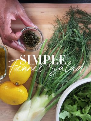 This is by far one of my favorite salads ever...so simple and I literally serve it every time I host and it is always a hit. Don't even get me started on the dressing...l could literally eat it by the spoonful. Ingredients: * ﻿﻿1-5 oz container arugula. * ﻿1 fennel (shaved) * ﻿2 large lemons. * Capers to taste  lemon zest * ﻿﻿1/3 cup + 2 tbsp olive oil. * ﻿﻿1 thinly sliced jalapeño  * ﻿﻿1.5 tsp dijon mustard. * ﻿Kosher salt to taste  1. Shave the fennel and squeeze a bit of lemon so it doesn't turn. 2. Add the arugula and fennel to a bowlsing Massage dressing in, as much or as little as you want. #saladrecipe #arugula #arugulasalad #fennelsalad #lemondressing 
