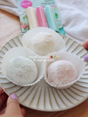 🍓🌱🍦 mochi ice cream 3 ways inspired by @eos Products  i’ve loved eos ever since high school, so when they reached out for a partnership, i was so so so excited! as a little ode to my fave flavors—strawberry sorbet, sweet mint, and vanilla—i made 3 different kinds of mochi ice cream! eos keeps my lips hydrated, soft, and pillowy, just like mochi 😙 and i love supporting them because they sustainably source natural shea, are cruelty free, hypoallergenic, and made for sensitive skin! so next time you’re shopping for lip balm, try out eos 💕 #BitesByBianca #MochiIceCream #eosPartner #eosLipBalm
