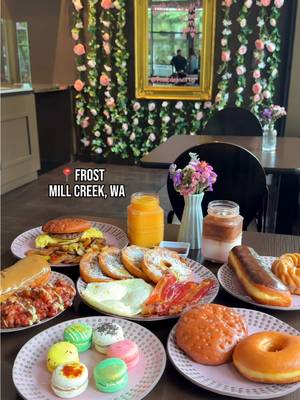 Peach Smoothie, Caramel Macchiato, Donuts, Macarons, Frost Doughnut French Toast, & Signature Breakfast Sandwich 📍 FROST 🍩 ⁣ ⁣ FROST is a cute bakery and cafe located in Mill Creek, WA. They have a delicious assortment of donuts, macarons, coffee, drinks, ice cream and brunch! I highly recommend getting the Frost Doughnut French Toast, it was so good!  #brunchideas #donutshop #macarons #frenchtoast 
