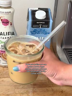 Skip the line, not the flavor. ☕✨ Be your own at-home barista with a brown sugar shaken espresso made using Califia Farms Oat Barista + Organic Brown Sugar Creamer! #califiafarms #brownsugarshakenespresso #oatmilk #latte #coffee 