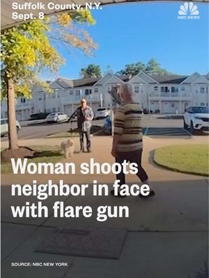 A 76-year-old Long Island woman faces charges after shooting her neighbor in the face with a flare gun as he walked his dog. @NBC New York reports.