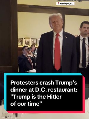 Activists from the feminist organization Code Pink crashed President Trump's dinner in Washington, D.C. on Tuesday, confronting him in front of members of his Cabinet and other diners present at a restaurant. "Free D.C., Free Palestine," the protesters shouted as the president watched, before signaling to have them escorted out. No one was arrested. #washingtondc 